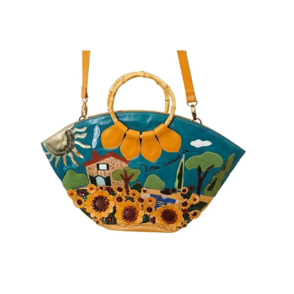 BRACCIALINI TUA Farm Scene Woven Leather Bag Shoulder Tote Art Purse Italy $1250